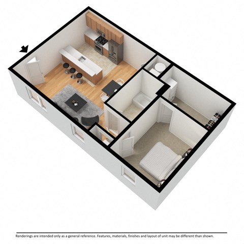 Floor plan for 1 bed, 1 bath, 676 sqft